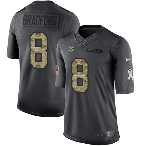 Nike Vikings #8 Sam Bradford Black Youth Stitched NFL Limited 2016 Salute To Service Jersey - Click Image to Close